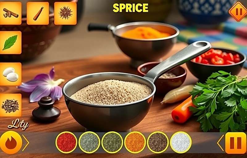 Cumin Smasher gameplay screenshot Cumin Smasher game screenshot showing traditional Indian kitchen scene with spices